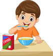 Cartoon little boy having breakfast cereals
