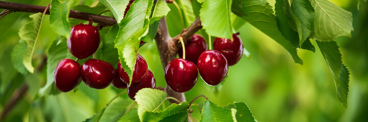 Wall Mural - Red cherries on tree branches