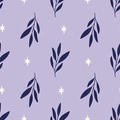 Wall Mural - Floral vector seamless pattern. Branch and star on very peri background. Modern drawing. Magic botanical fabric print, digital paper, textile design, apparel, cover, scrapbooking.