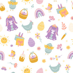 Wall Mural - Happy Easter. Rabbit, Easter eggs, flowers and chickens, vector seamless pattern on white background