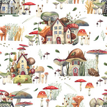 Watercolor Seamless Pattern With Hand Drawn Forest Houses And Mushrooms. Stylish Vintage Background With Fabulous Houses. Texture In Cottage Cor Style.