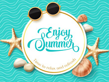 Summer Vector Template Design. Enjoy Summer Text In Circle Space With Starfish, Sunglasses And Waves Pattern Background For Tropical Season Holiday Greeting Messages. Vector Illustration.