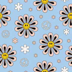 Wall Mural - Retro groovy seamless pattern with cute smiling flowers and peace symbols on blue background. Colorful trendy vector illustration in style 70s, 80s	