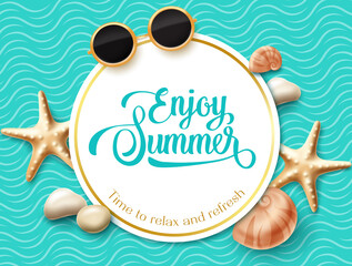 Wall Mural - summer vector template design. enjoy summer text in circle space with starfish, sunglasses and waves