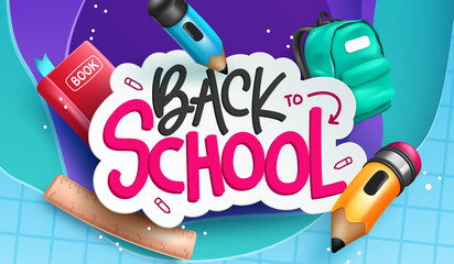 Back to school vector concept design. Back to school text with educational items of pencil, bag and book supplies in colorful background for kids educational study. Vector illustration.