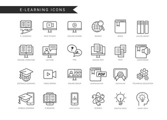 E-learning icon vector set. Elearning symbol icons in line drawing design with technology and knowledge symbol for online educational learning. Vector illustration.  