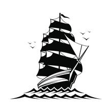 Sailing Ship Black On White Background,vector Illustration