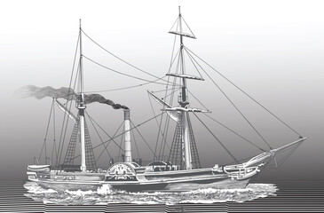 vector image of an old sailing sea steamer in retro graphic style from old newspapers postage stamps and greeting cards