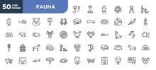 Set Of 50 Outline Fauna Icons. Editable Thin Line Icons Such As Leash, Big Crab, Deer Head, Great Dane, Hedgehog Head, Big Shark, Snake Head Stock Vector.