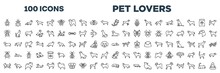 Set Of 100 Outline Pet Lovers Icons. Editable Thin Line Icons Such As Red Soldier Beetle, Scorpio, Null, Null, Bas Hound, Sad Dog, Toyger Cat, Dog Sleeping Stock Vector.