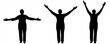 The person raises both hands up: hands to the sides, hands up. An older woman slowly raises her hands up. Three human poses for arm movement animation. Black female silhouettes are isolated on a white