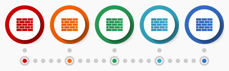 Poster - Brick wall, building concept vector icon set,  flat design colorful buttons, infographic template in 5 color options