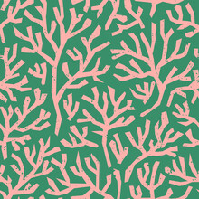 Coral Seamless Pattern On Green Background In Vintage Style. Matisse-inspired Modern Abstract Organic Algae Background. Vector Design For Textile, Wrapping Paper, Greeting Cards.