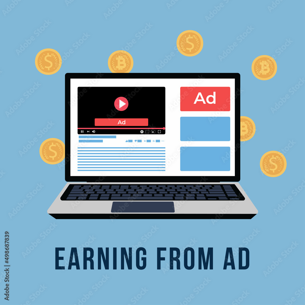 Earn from video ads concept. Online videos and websites showing ads. Earning  money and bitcoin from