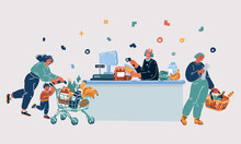 Vector Illustration Of People Shopping At The Supermarket. Cashier And Byers Scene