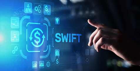 Wall Mural - swift international payment system financial technology banking and money transfer concept on virtua
