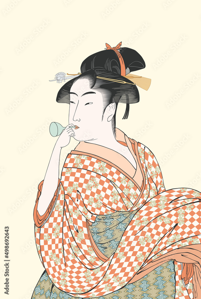 ビードロを吹く女 版画