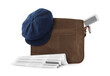 © New Africa - Brown postman's bag, hat and newspapers on white background