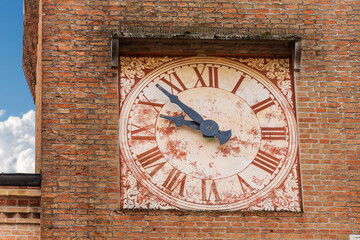 Sticker - Close-up of the medieval clock tower called Torresin, small town of Oderzo in Treviso province, Veneto, Italy, Europe. Town square called Piazza Grande.