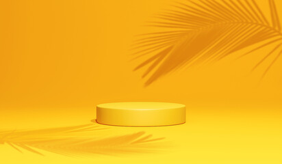 Aufkleber - Summer background display product stage 3d podium of yellow pedestal scene stand platform backdrop or empty show blank modern studio and cylinder showcase template space banner on vivid presentation.