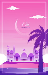 Wall Mural - Eid Mubarak Greeting Card Mosque Night Sky Vector Design Template