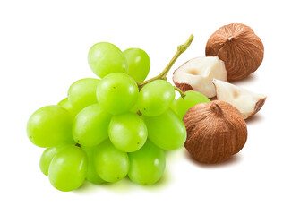 Wall Mural - Hazelnuts and green grapes set isolated on white background