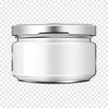 Clear Glass Jar With Metal Screw Lid On Transparent Background, Realistic Vector Mockup. Empty Food Or Cosmetic Product Container. Template For Design