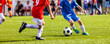 © matimix - Boys play soccer. Teenagers playing soccer in sports field. Children kicking soccer game outdoors. Young male footballers running in red and blue sports uniforms