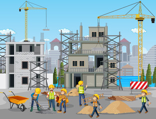 Canvas Print - building construction site with workers