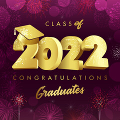 Wall Mural - Graduating greenings Class of 2022. Class off congrats with festive backdrop. Holiday science hat calligraphic text. Isolated abstract graphic design template. Handwriting calligraphy. 3D style digits