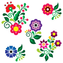 Wall Mural - Floral folk art style vector design elements perfect for greeting card on invitation, inspired by traditional embroidery from Mexico
 