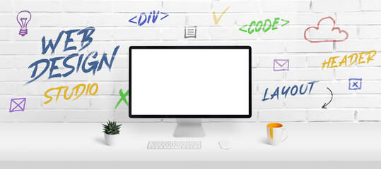 Wall Mural - web design studio concept with computer display mockup and work desk. creative web page icons and in