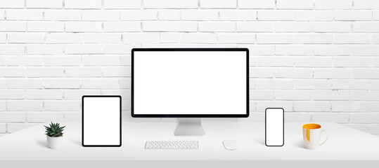 Wall Mural - responsive devices display mockup on work desk. computer display, smart phone and tablet on work des