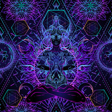 Psychedelic Seamless Pattern With Magic Girl Sitting And Meditation In Lotus Position Over Geometry. Vector Repeating Illustration. Psychedelic Concept. Rave Party, Trance Music. Esoteric Art.