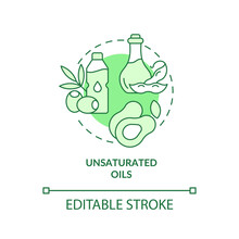 Unsaturated Oils Green Concept Icon. Vegetable And Seeds Fats. Vegan Lifestyle Tip Abstract Idea Thin Line Illustration. Isolated Outline Drawing. Editable Stroke. Arial, Myriad Pro-Bold Fonts Used