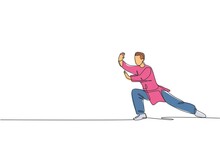 Single Continuous Line Drawing Of Young Man Wushu Fighter, Kung Fu Master In Uniform Training Tai Chi Stance At Dojo Center. Fighting Contest Concept. Trendy One Line Draw Design Vector Illustration