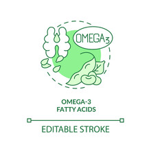 Omega Three Fatty Acids Green Concept Icon. Vegan Lifestyle. Source Of Nutrients Abstract Idea Thin Line Illustration. Isolated Outline Drawing. Editable Stroke. Arial, Myriad Pro-Bold Fonts Used