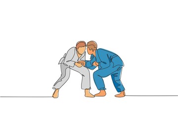 Single continuous line drawing of two young sportive judoka fighter men practice judo skill at dojo gym center. Fighting jujitsu, aikido sport concept. Trendy one line draw design vector illustration