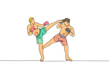 One single line drawing of young energetic man kickboxer practice sparring combat with partner in boxing arena vector illustration. Healthy lifestyle sport concept. Modern continuous line draw design