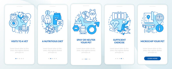 Proper pet care routine blue onboarding mobile app screen. Microchip walkthrough 5 steps graphic instructions pages with linear concepts. UI, UX, GUI template. Myriad Pro-Bold, Regular fonts used