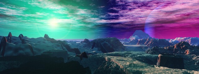 Wall Mural - Incredibly beautiful alien landscape at the rising of a star and a parade of planets, alien world, the surface of another planet, fantastic landscape 3D rendering