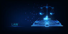 Futuristic Justice, Law Education Concept With Glowing Low Polygonal Open Book And Scales