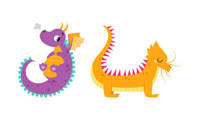 Sticker - Adorable baby dragons set. Cute little dinosaurs, fairytale creatures cartoon vector illustration