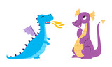 Fototapeta Dinusie - Cute baby dragons set. Funny blue and purple little dinosaurs, fairytale creatures cartoon vector illustration
