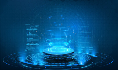 Poster - A blue futuristic pedestal or portal with graphs and data on an isolated background, for the presentation of your product. Light aura and glowing hologram. FUI Future space travel technology. Vector