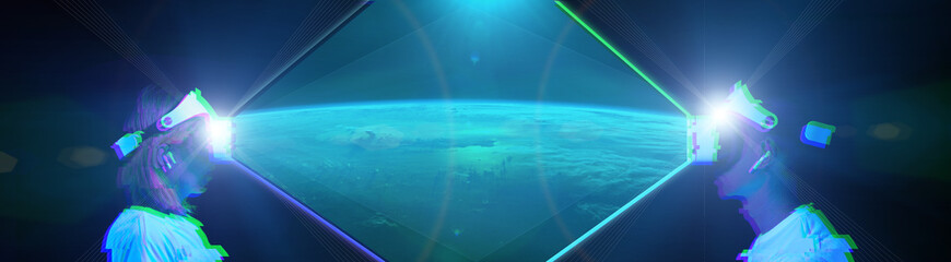 Wall Mural - using virtual reality headset to see the far corners of space. elements of this image furnished by n