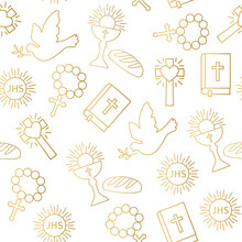 Seamless Golden Pattern With Christian Religion Icons- Vector Illustration