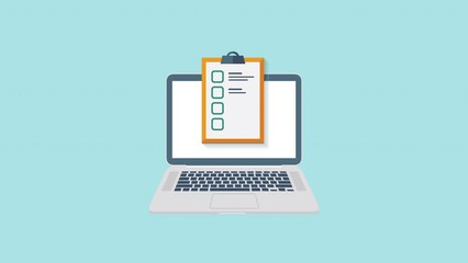 Checklist clipboard on laptop. Business form finance animation