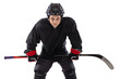 © master1305 - Portrait of boy, child, hockey player posing, training isolated over white studio background