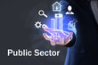Public Sector concept. Man presenting different virtual icons on grey background, closeup